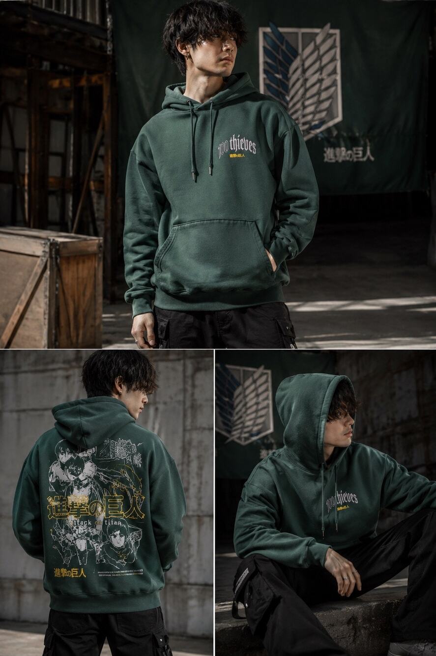 100 Thieves x Attack on Titan VME Hoodie Green Levi Anime Streetwear Size S 2022